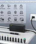 Versatile 14V 56W Power Supply Charger With 10 DC Jacks, Plug And Play, Adjustable 4A 3A 2A 1A Output, UL Listed, Energy Efficiency VI, Regulated Adapter With Built In Short Circuit, Overcurrent, Overvoltage And Over Temperature Protection. Black regulated adapter with 10 DC jacks and plug connected to wall outlet