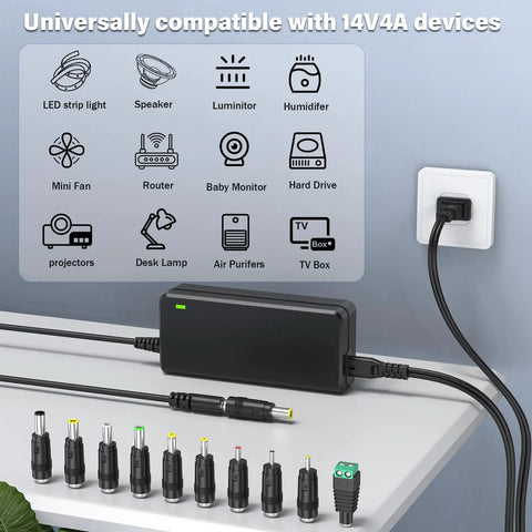 Versatile 14V 56W Power Supply Charger With 10 DC Jacks, Plug And Play, Adjustable 4A 3A 2A 1A Output, UL Listed, Energy Efficiency VI, Regulated Adapter With Built In Short Circuit, Overcurrent, Overvoltage And Over Temperature Protection. Black regulated adapter with 10 DC jacks and plug connected to wall outlet