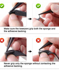 Correct use of tweezers with No Sweat Pre Cut Light Seal Foam Sponge Repair Kit showing adhesive backing grip for classic film cameras.