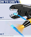 Crimping and shrinking terminals with heat tools for 210 Piece Heat Shrink Fork Spade Connectors Set Waterproof Marine Grade.