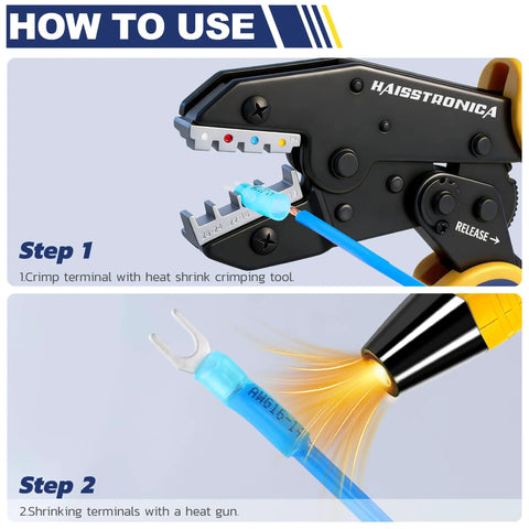 Crimping and shrinking terminals with heat tools for 210 Piece Heat Shrink Fork Spade Connectors Set Waterproof Marine Grade.