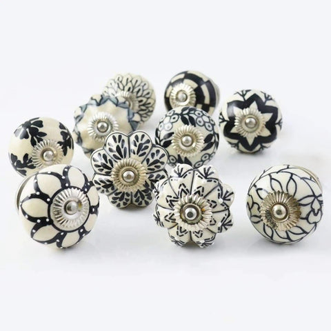 Vintage Black And White Hand Painted Ceramic Cabinet Knobs Set Of 30 for kitchen cabinets and vanities, pumpkin and round design.