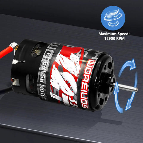 550 Brushed Motor 12T With Heatsink Combo For One Tenth Scale RC Trucks, side view showing rotation and speed indicator