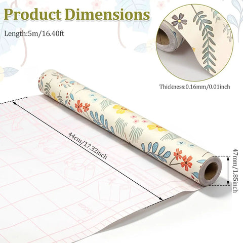 Self Adhesive Floral Peel And Stick Wallpaper Roll For Renters Featuring No Fuss Quick Install Water Resistant Scratch Proof Vinyl Wall Covering dimensions showing roll size of 5m length and 44cm width.