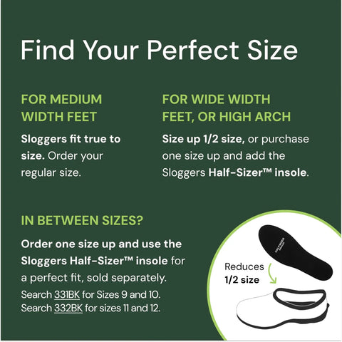 Sizing guide for Mens Heavy Duty Waterproof Slip On Shoes For Outdoor Work And Garden Rain with tips for width and arch fit.