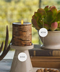 Birch Bark Wrapped Flameless LED Candle With Moving Flame, Battery Operated 3.5 By 4.5 Inch Pillar Light on pedestal
