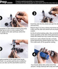 Step-by-step guide showing hands applying graphite to pinewood derby wheels and axles using Two Size Pinewood Derby Weights Kit.