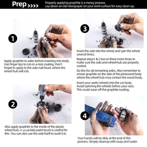 Four-step instructions for applying axle lubricant and graphite powder on Derby Pinewood Car Weights Kit With 14 Cylindrical Tungsten Weights.