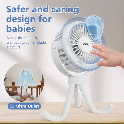 Mini Portable Baby Stroller Fan On The Go, 3 Speed Personal Handheld Cooling with child-safe design and flexible tripod.