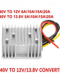 Built Tough Heavy Duty Dc To Dc Boost Converter Step Up Voltage Regulator Module For Auto Cars And Boats Delivers Straight Up Steady 12 Volt 13 Point 8 Output At 10 Amp Load with aluminum casing and wires.