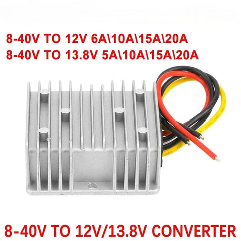 Built Tough Heavy Duty Dc To Dc Boost Converter Step Up Voltage Regulator Module For Auto Cars And Boats Delivers Straight Up Steady 12 Volt 13 Point 8 Output At 10 Amp Load with aluminum casing and wires.