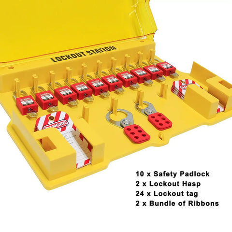 Lockout Tagout Station With Cover For Wall Mount Includes 10 Keyed Padlocks 2 Lockout Hasps 24 Safety Tags Open Yellow PC Plastic