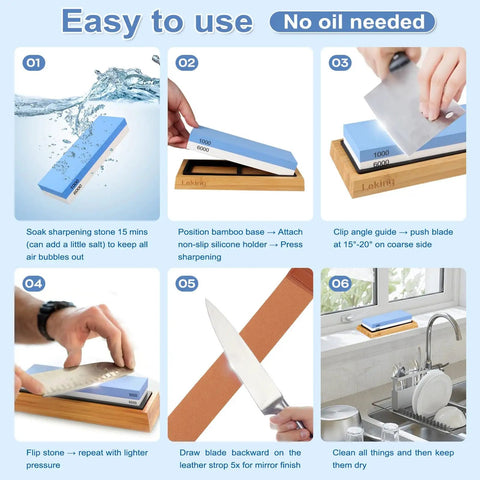 Step-by-step guide on using Dual Grit Knife Sharpener Whetstone Set With 1000/6000 Grit Bamboo Base, Non Slip Holder