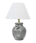 Grey Terracotta Table Lamp With Distressed Sculptural Base And Linen Shade, 23 Inch Tall, Iron Accents, Rustic Modern Home Decor