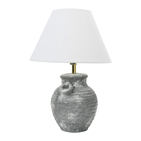 Grey Terracotta Table Lamp With Distressed Sculptural Base And Linen Shade, 23 Inch Tall, Iron Accents, Rustic Modern Home Decor