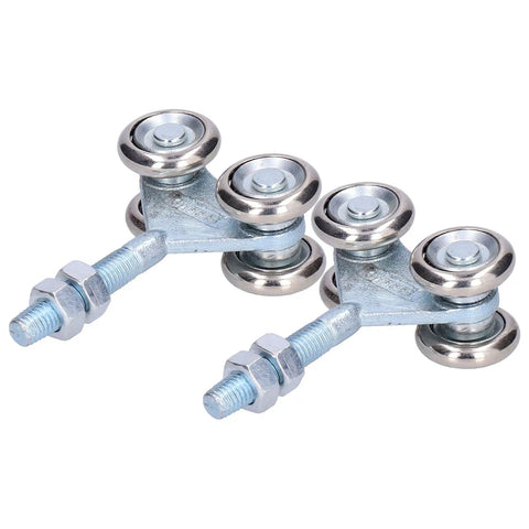Heavy Duty Double Roller Wheels For Sliding Barn Doors Smooth Gliding Trolley Hardware Built Tough Iron Construction No Sweat Setup Top Tier Quality Pack Of Two, showing two roller wheels on metal bracket.