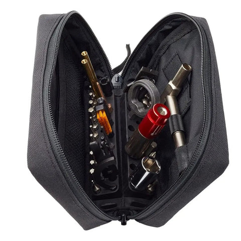 Open black carry case showing All In One Maintenance Toolkit Grab And Go With Torque Driver And Locking T Way Ratcheting Hex Wrench.