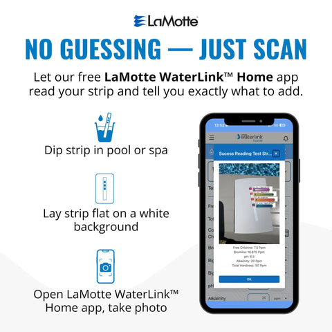 Straight Up Pool And Spa Test Strips To Keep Your Water Crisp And Clear Quick One Dip Chemistry Kit app usage instructions on a phone.