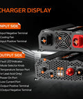 Detailed view of Hella Reliable 12V 40A DC To DC Lithium Battery Charger, input and output connections labeled.