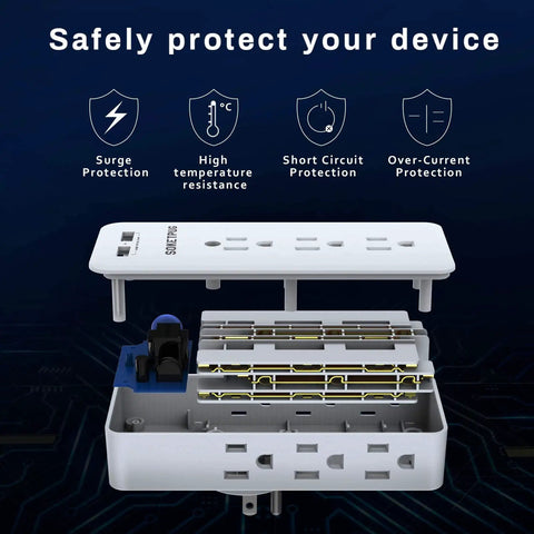 Interior view of Must Have USB Wall Charger And Surge Protector with Nine AC Outlets And Two USB Ports showcasing protection features.