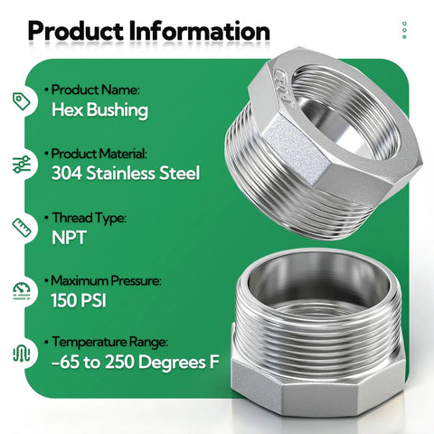 2-Pack 304 Stainless Steel Reducer Hex Bushing 1.5 In NPT Male to 1 In NPT Female Reducing Pipe Adapter Fitting for Plumbing and Industrial Piping, Go-To Corrosion-Resistant, Works from -65 to 250 F, shown with NPT threads