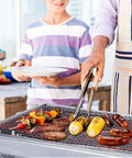 Family using Portable Stainless Steel Charcoal Grill Folding Outdoor Barbecue Kit for camping and picnics with food