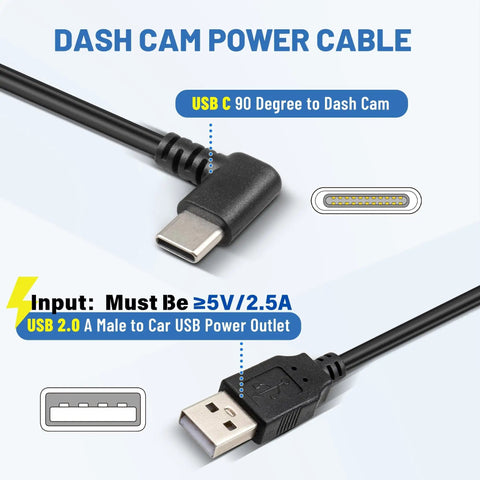 USB C Dash Cam Power Cable 13Ft 4M With 90 Degree USB A 2.0 To Type C Requires 5V 2.5A Input Replacement Power Supply Diagram