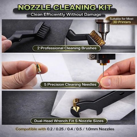 Must Have Pro Grade All In One 46 Piece 3D Printer Tools Kit For FDM And Resin Printers With Nozzle Cleaner Removal Tools Deburring Files Flush Cutters Pliers Tweezers And More For Fast Cleanup Finishing And Post Processing showing cleaning brushes, needles, and wrench.