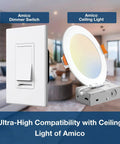 Six Pack Dimmer Switches For LED Lights Single Pole Or 3 Way Slide Dimmer 150W Dimmable LED CFL And 600W Incandescent Wall Plate Included ETL Listed White Easy Home Lighting Control next to Amico Ceiling Light in living room.