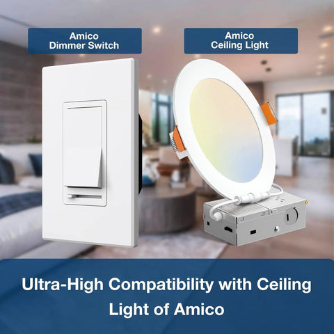 Six Pack Dimmer Switches For LED Lights Single Pole Or 3 Way Slide Dimmer 150W Dimmable LED CFL And 600W Incandescent Wall Plate Included ETL Listed White Easy Home Lighting Control next to Amico Ceiling Light in living room.