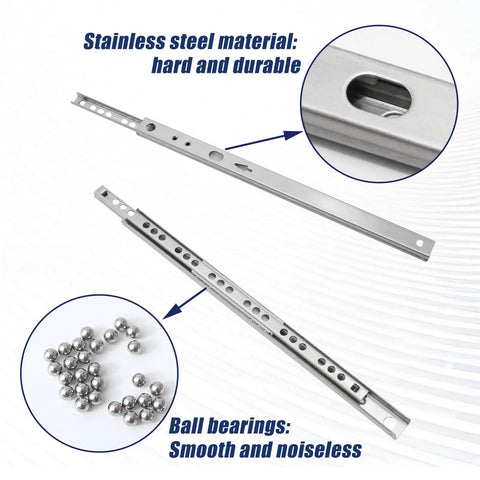 The Real Deal Stainless Steel Drawer Slides Heavy Duty Ball Bearing Cabinet Runners No Sweat Setup, showing durable steel material and ball bearings.