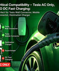 Nacs To J1772 Ev Charging Adapter 80A High Amps 250V shows Tesla wall, mobile connector and charging port compatibility for electric car use.
