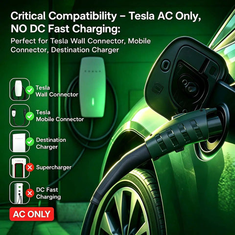 Nacs To J1772 Ev Charging Adapter 80A High Amps 250V shows Tesla wall, mobile connector and charging port compatibility for electric car use.