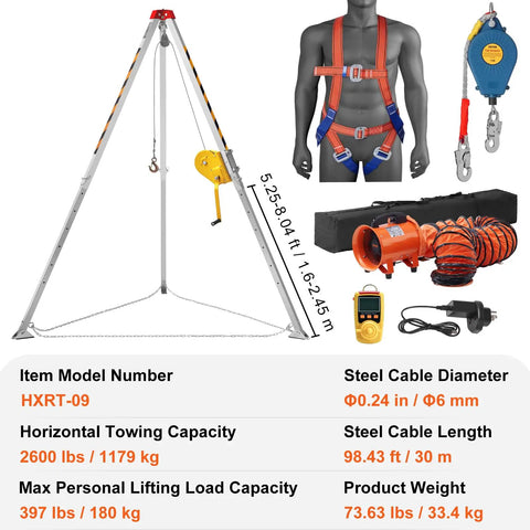 Built Like A Tank Heavy Duty Confined Space Tripod Winch Kit With Secure Harness Portable Air Blower And Smart Gas Detector For No Sweat Emergency Retrieval