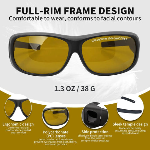 Heavy Hitter Laser Safety Specs 2 Pack OD8 Protection Against 190Nm To 2000Nm And 1064Nm Lasers with full-rim design.