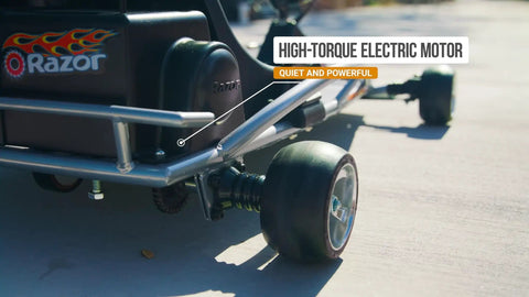 Electric GoKart For Kids 8 And Up With 12 MPH Top Speed Up To 40 Minutes Of Ride Time 24V Rechargeable Battery Variable Speed Throttle Durable Steel Frame And Aluminum Wheels close-up of rear wheel and motor.