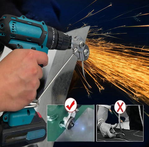 Electric Drill Plate Cutter Nibbler Attachment For DIY Projects With Adapter cutting metal plate, sparks visible