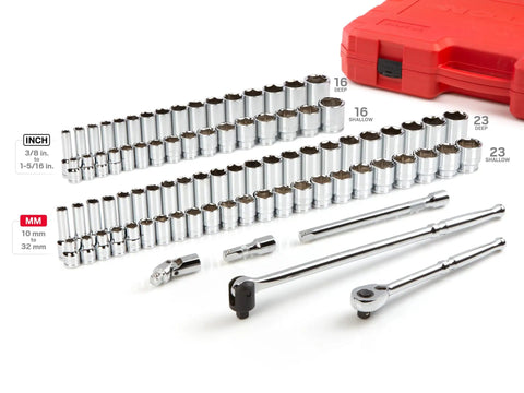 Half Inch Drive Socket Set With Deep And Shallow 6 Point Sockets, Ratchet And Beefy Case, 83-Piece From 3/8 To 1-5/16 Inch And 10 To 32 mm For Auto Repair And Home DIY