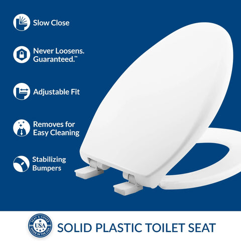 Slow Close Toilet Seat With Easy Clean Hinges And Adjustable Front To Back Fit Elongated White Made In Usa Never Loosens