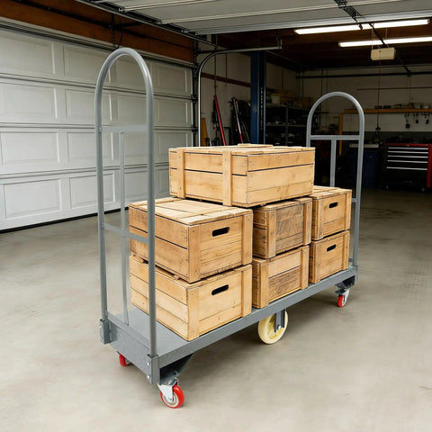 Heavy Duty 2000 Lb Platform Cart With Rails, 60.5 Inch Flatbed Workhorse For Warehouses And Garages, Rust Resistant Steel Frame, High Capacity Rolling Cart Built To Stand Up To The Daily Grind, loaded with wooden crates