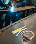 Compact Spot Weld Pliers For DIY Metal Repair, Adjustable Pressure Butt Welding Tongs With Quick Connect, 123mm Length on workbench