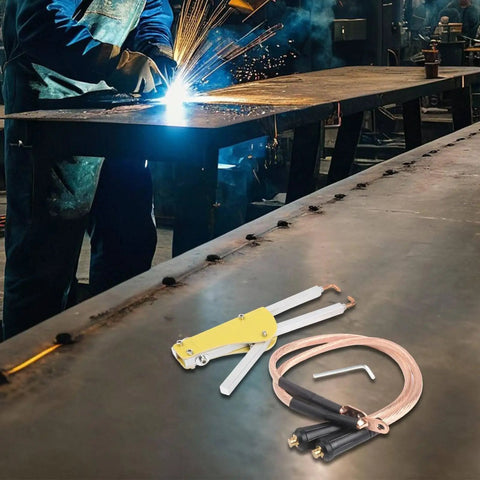 Compact Spot Weld Pliers For DIY Metal Repair, Adjustable Pressure Butt Welding Tongs With Quick Connect, 123mm Length on workbench