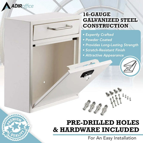 Secure Wall Mounted Mailbox Drop Box With Key Or Combo Lock Heavy Duty 16 Gauge Steel Ideal For After Hours Deposits Payments And Letter Drops, open showing included hardware.