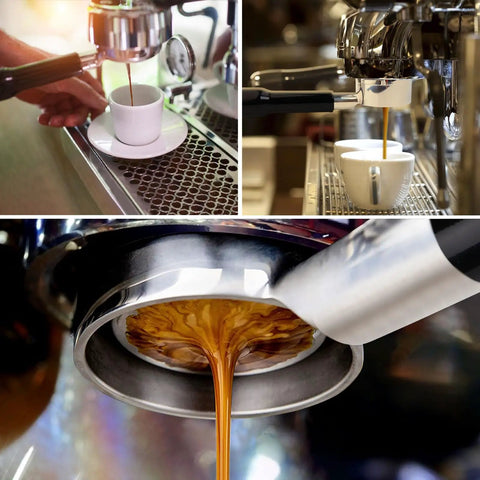54mm Bottomless Naked Portafilter For Breville Sage Barista Series Espresso Machines including coffee extraction close-up