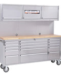Seventy Two Inch Rolling Tool Chest With Fifteen Drawers And Locking Wheels, Mobile Workshop Cabinet With Solid Rubber Wood Top