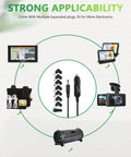 Heavy Duty Ride Ready 12v Dc Car Charger Cord With Eight Swappable Plugs, showing multiple electronics compatibility.