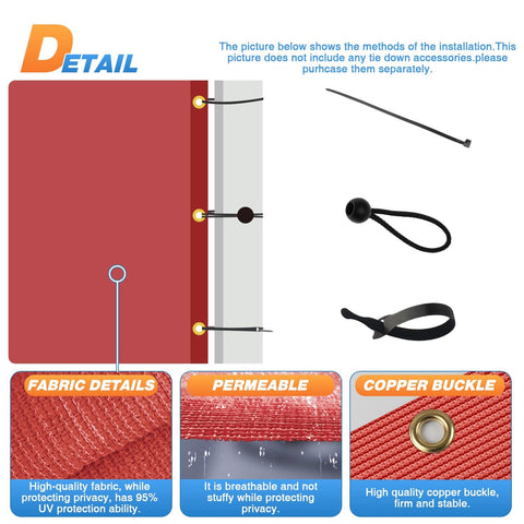 20x20 Foot Shade Cloth With Grommets Sun Shade Sail Rectangle For Deck Carport Backyard And Pergola Coverings UV Blocker HDPE 180 GSM Fade Resistant Easy To Clean Stainless Steel Corner D Rings Red, installation details showing fabric, grommets, and accessories.
