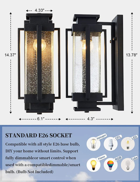 Dusk To Dawn Outdoor Wall Lanterns Large Exterior Porch Lights With Seeded Glass IP65 Waterproof Sconces Black Matte Finish