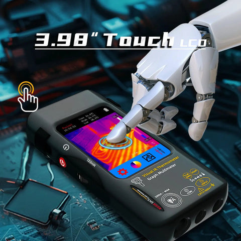 Pro Grade All In One Thermal Imaging Camera Multimeter with 3.98 Inch Touch LCD in use, macro lens view showing interface.