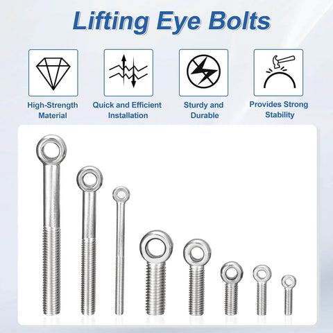 4-Pack M5 X 60mm Lifting Eye Bolts, 304 Stainless Steel Industrial Grade Eyebolts arranged on a display, varying sizes shown.